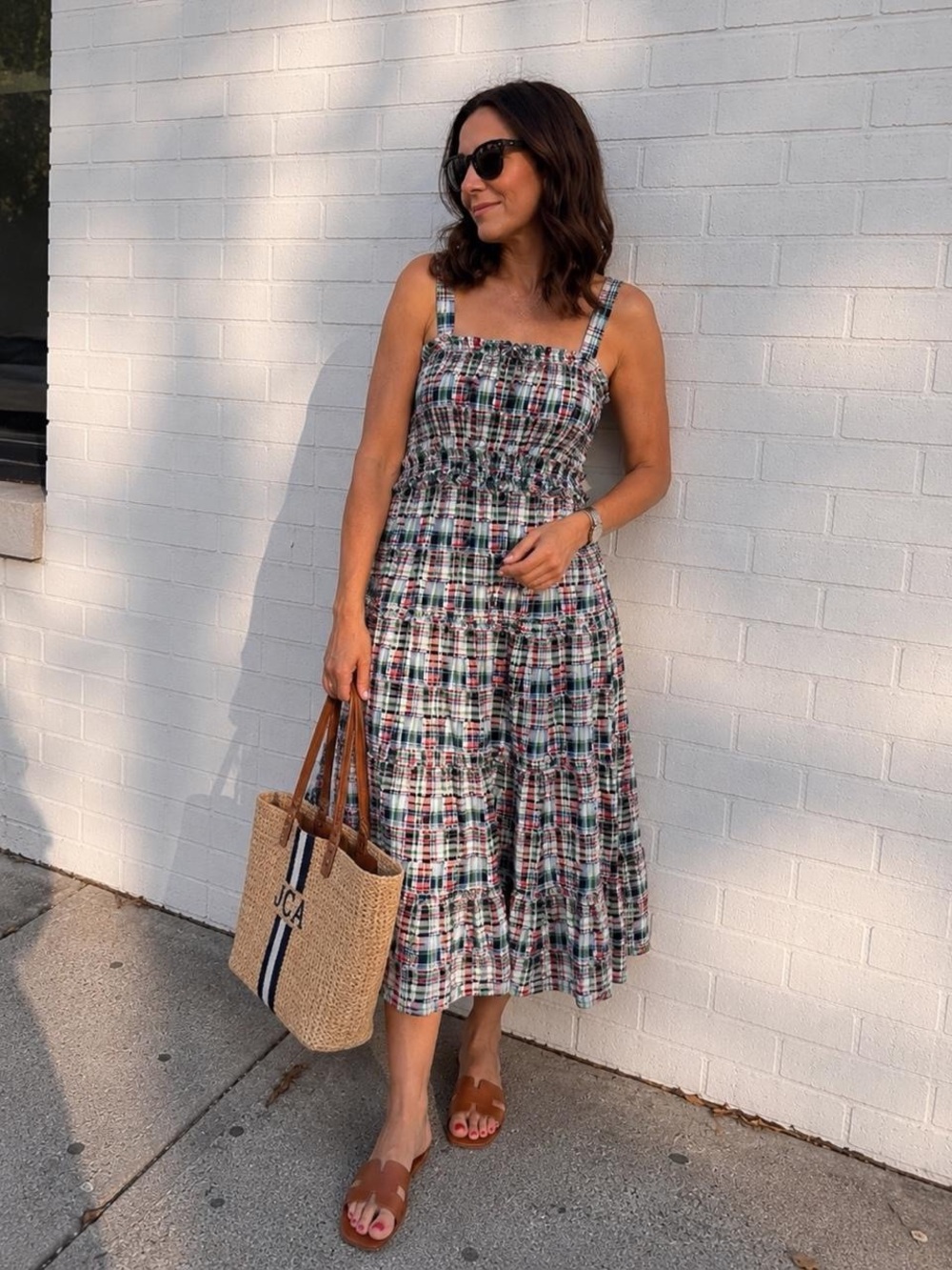 Nautica Multi-Color Plaid Smocked Midi Dress